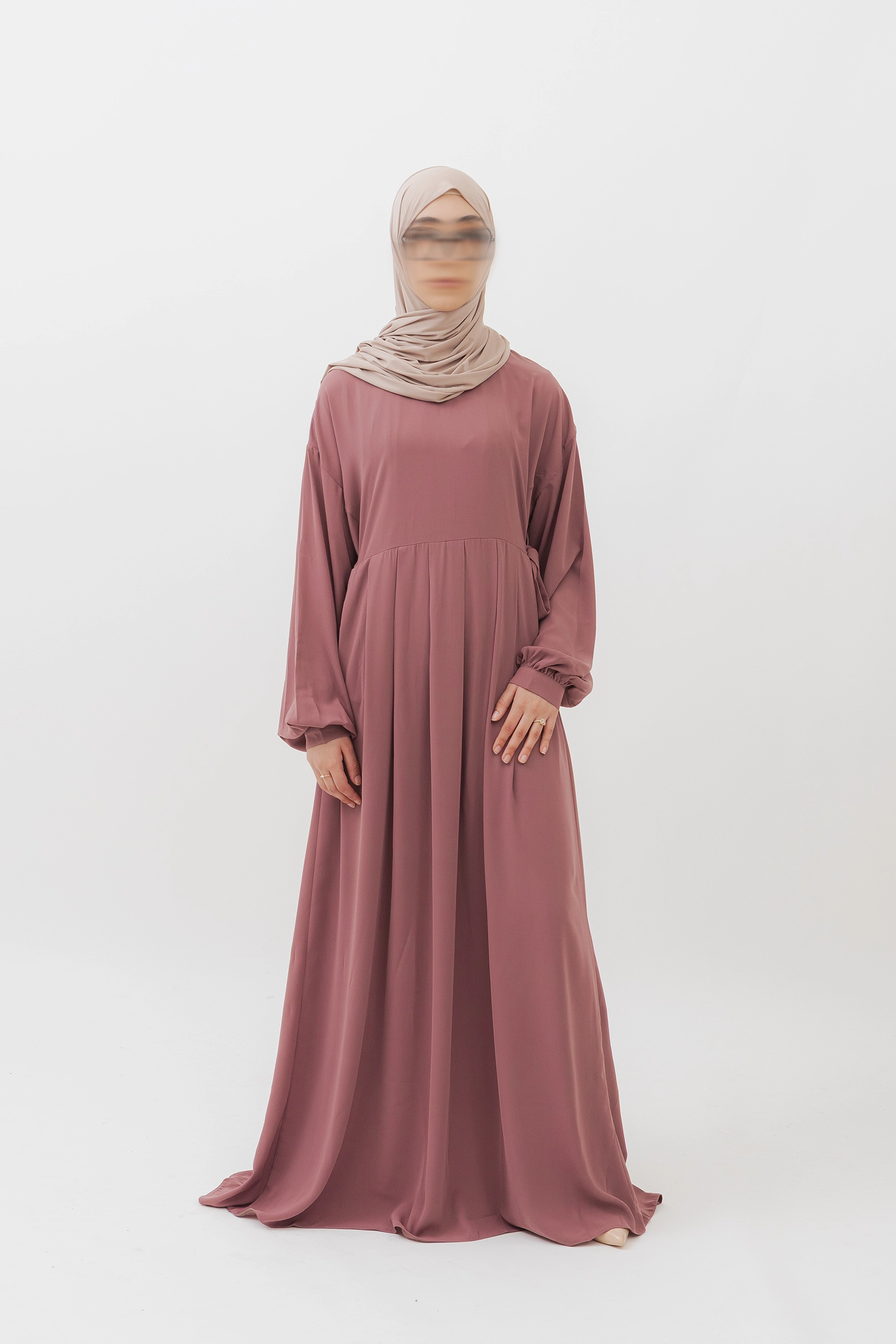 Vestido modesto plisado de manga larga con lazos laterales en rosa antiguo